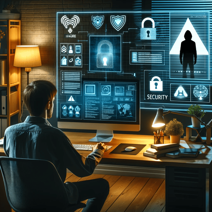 DALL·E 2024-01-14 17.51.33 - A scene that combines IT security and the threat of hacking in a home office environment. The image shows an individual working on a computer with adv