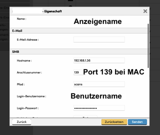 Einrichtungsmaske MacOSX Port 139 SMB